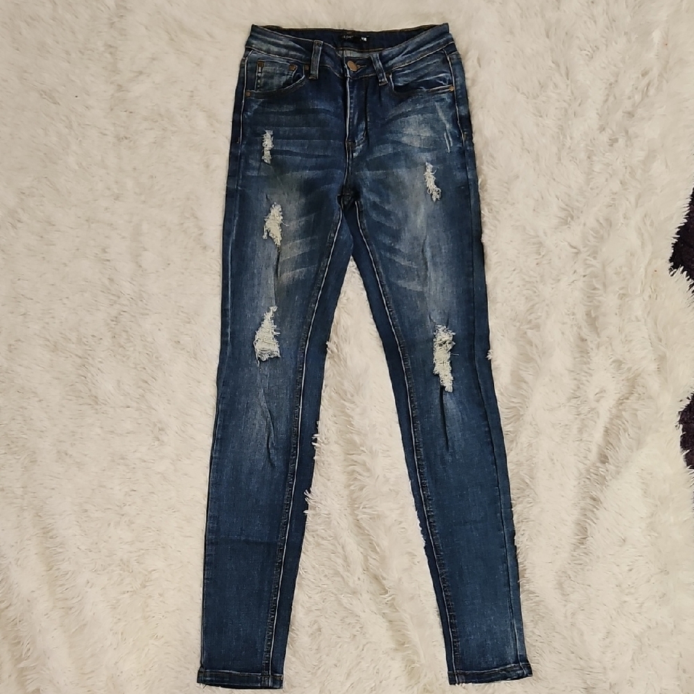 Fashion Nova Women's Distressed Skinny Jeans - Dark Blue Wash